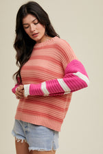 Striped Sleeve Contrast Sweater Peach and Coral