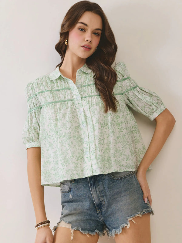 Floral Print Green Pintuck Button Down Puff Sleeve Blouse