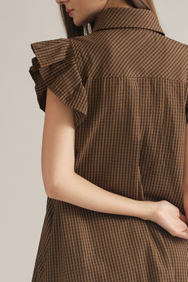 Black & Tan Gingham Ruffle Sleeve Mini Dress w Shirt-Style Neckline