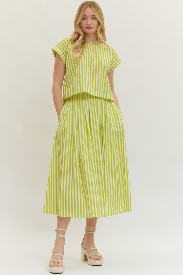 Lime Striped Midi Skirt w Elasticated Waistband