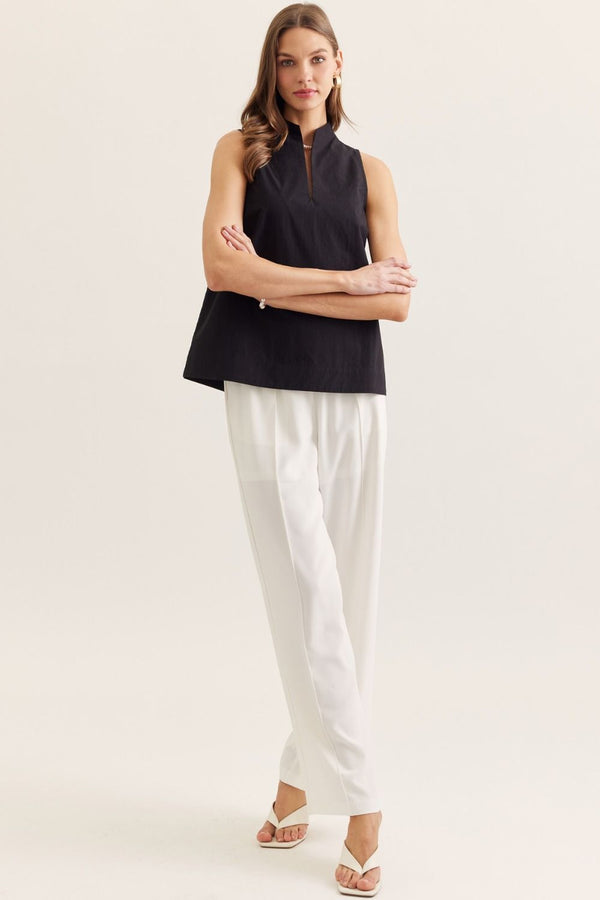 Solid Black Sleeveless Top Featuring Split V-neck