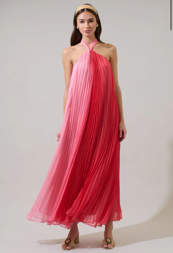 Galena Halter Pink Pleated Maxi Dress