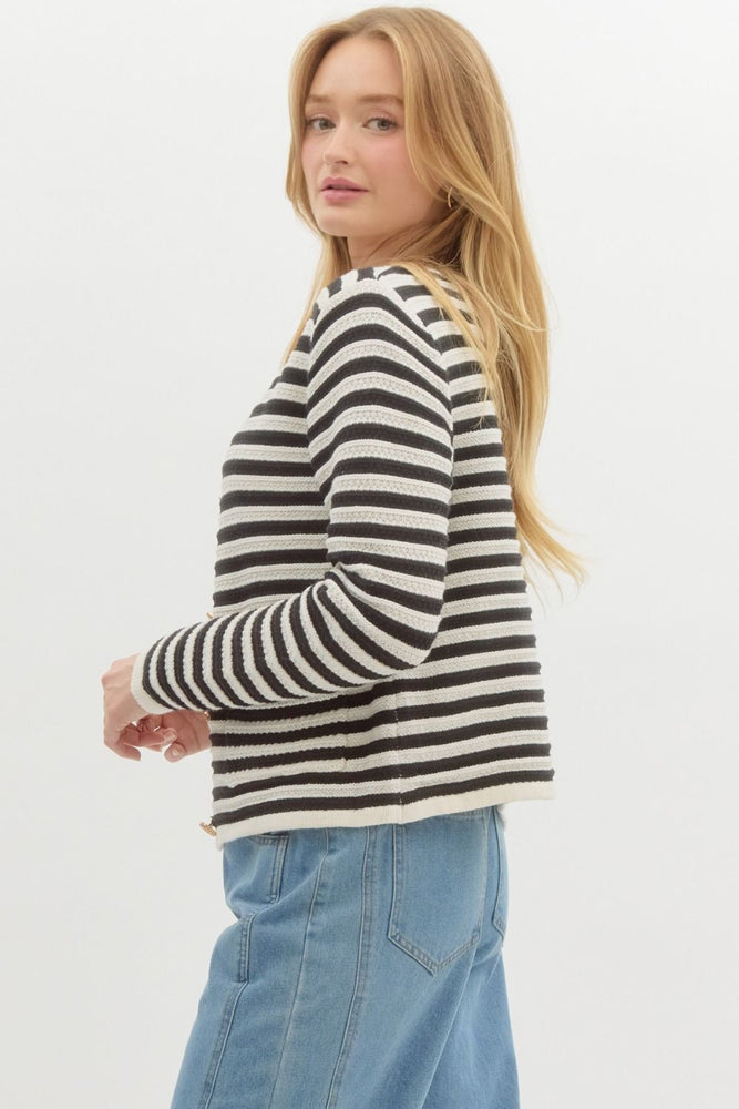 Black Striped Sweater Knit Cardigan