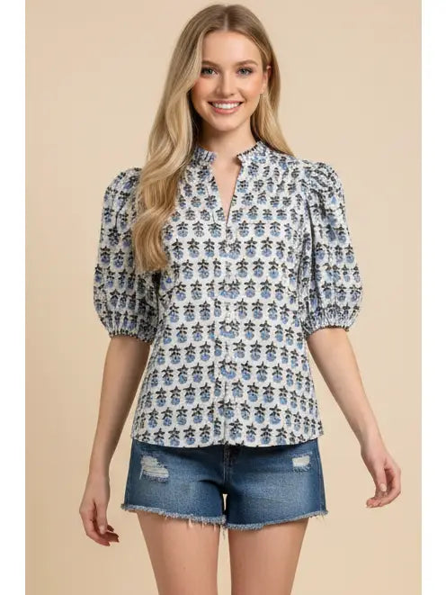 Blue Floral Puff Sleeve Collared Blouse