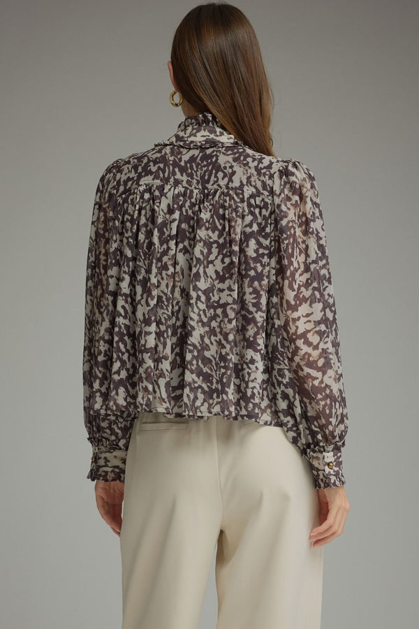 Brown & Ecru Long Puff Sleeve Top w Ruffle High Neckline