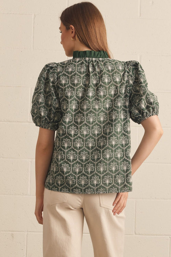 Army Embroidered Puff Sleeve Top w Ruffle Neck