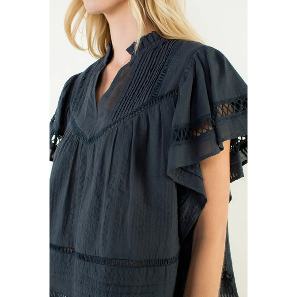 Short Sleeve Navy Lace Detail V-Neck Top