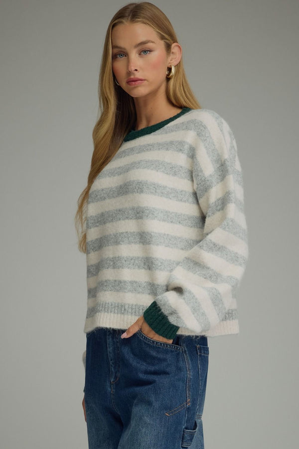 Grey Stripe Long Sleeve Sweater w Contrast Ribbed Trim Neck