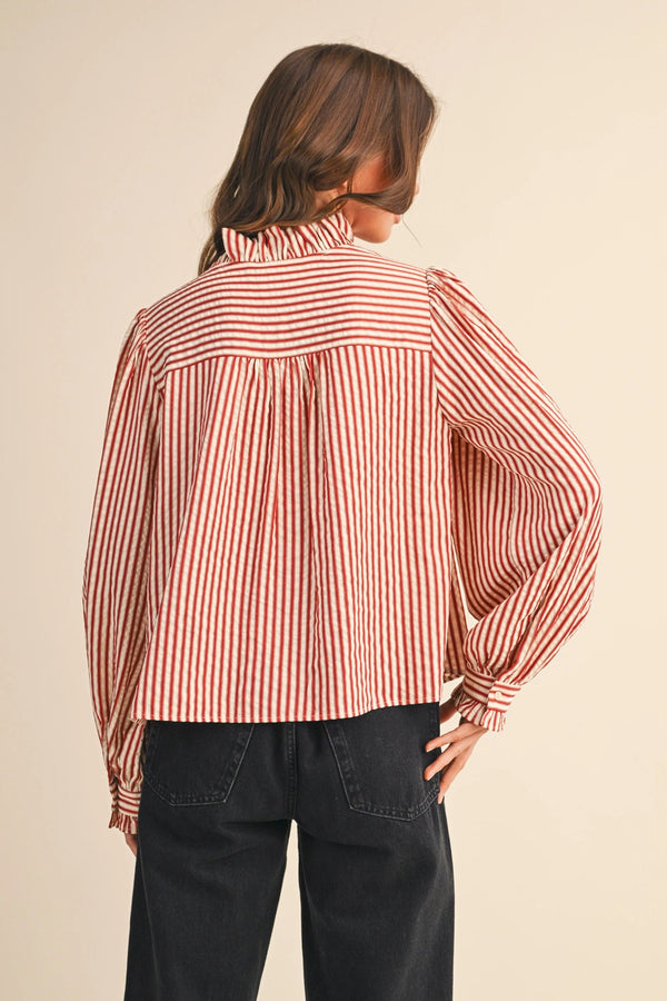Red Striped Ruffled Button Down Long Sleeve