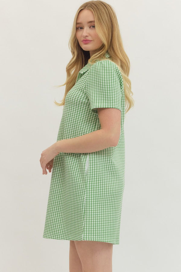 Green Gingham Print Mini Dress w Half Zip Detail