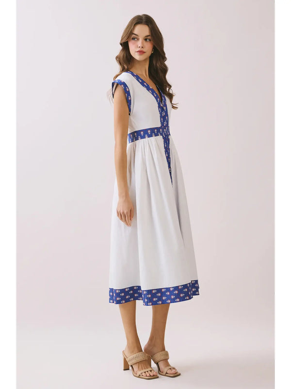 Contrast Printed Trim Detail V Neck Midi Dress
