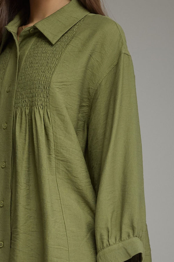 Solid Olive Long Sleeve Top featuring Smocked Detailing