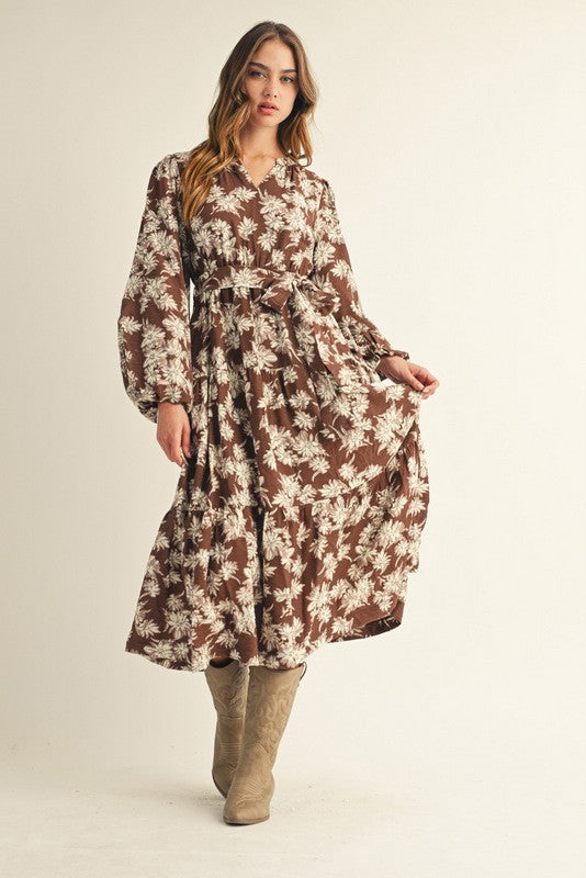 Brown Floral Midi Dress