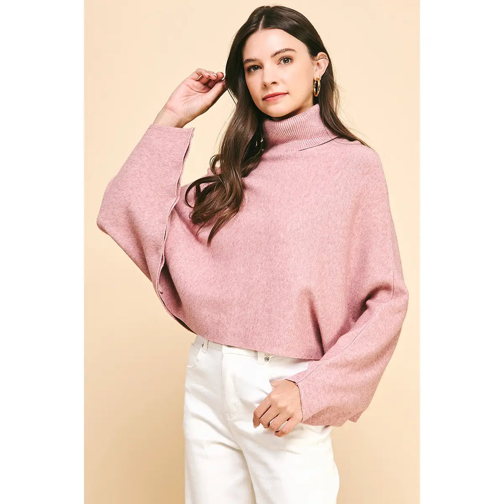 Turtle Neck Raglan Sleeve Sweater - Dusty Pink