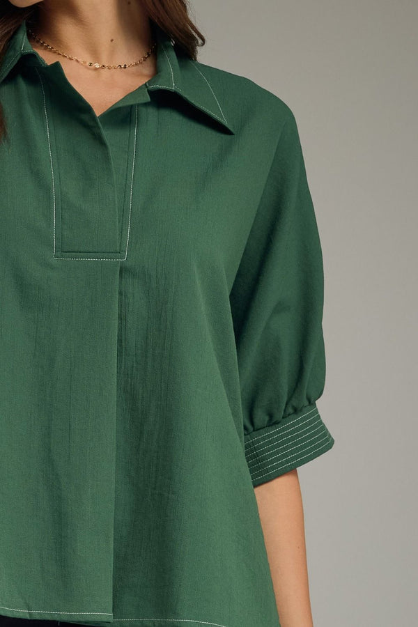 Green Short Sleeve Top w Split V-Neck & Contrast Stitch detail