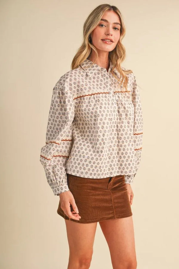 Cream Floral Lace Trim Button Up Top w Long Puff Sleeves
