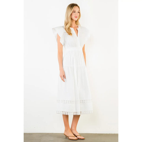 White Ruffled Sleeves V-Neck Tiered Midi Dress
