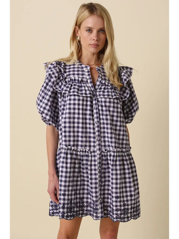Sidney Gingham Ruffle Tiered Dress | White Navy