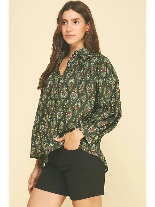 Geometric and Damask Print Button Down Shirt | Deep Green