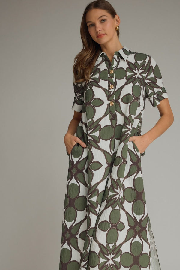 Olive Printed Shirt Dress featuring Gold Button Detail