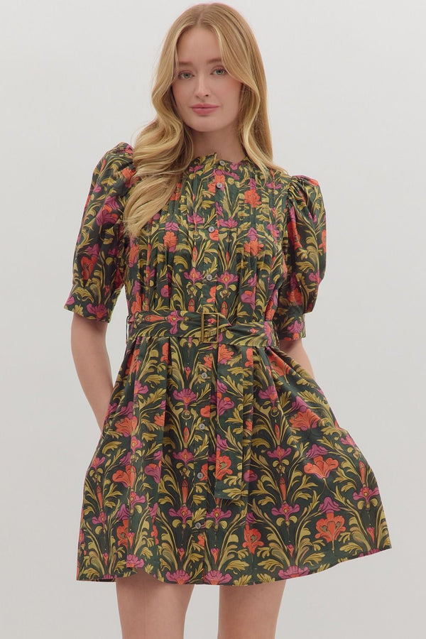 Olive Botanical Print Puff Sleeve Mini Dress w Buckle Belt