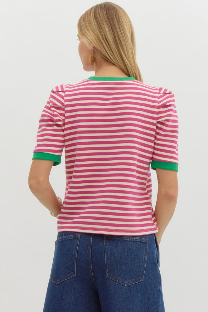 Pink Striped Top w/ Kelly Green Trim