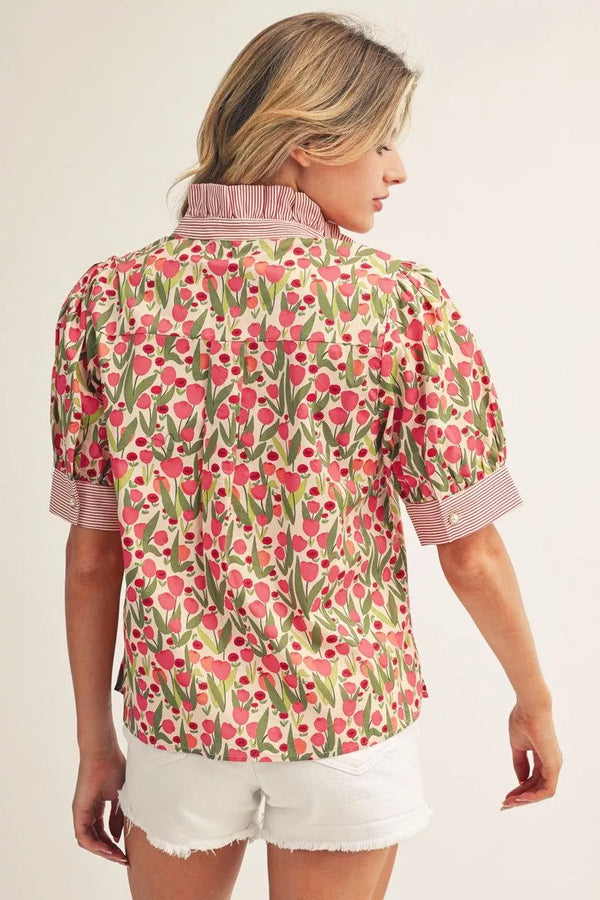 Short Puff Sleeve Red Floral Top w Stripe Contrast & Ruffled Neckline