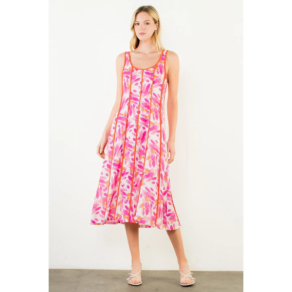 Fuschia Thin Strap Leaf-Like Pattern Dress