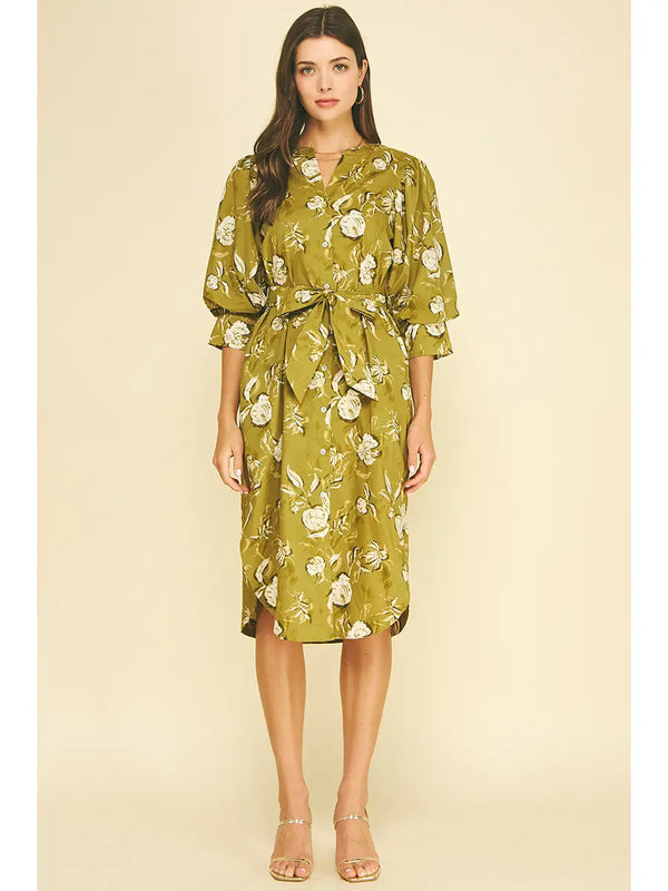 Floral Print Button Down Midi Dress | Golden Olive