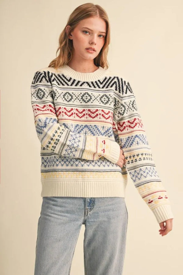Off White & Colorful Geometric Knit Sweater