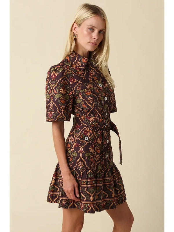 Belen Chocolate Paisley Belted Mini Dress