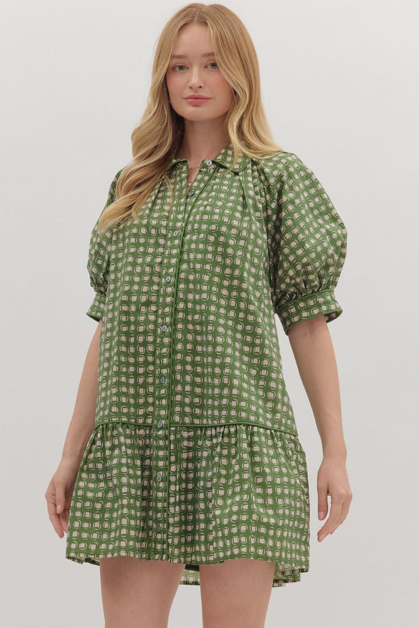 Olive Geometric Print Short Puff Sleeve Mini Dress