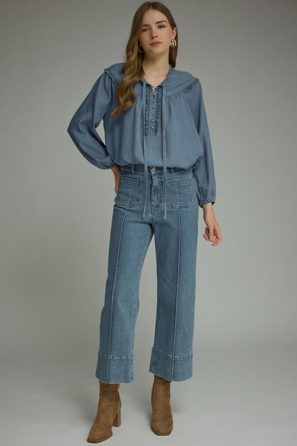 Long Sleeve Denim Top featuring Ruffled Trim