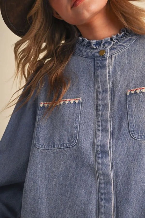 Denim Button Down Top w Ruffle Mock Neckline