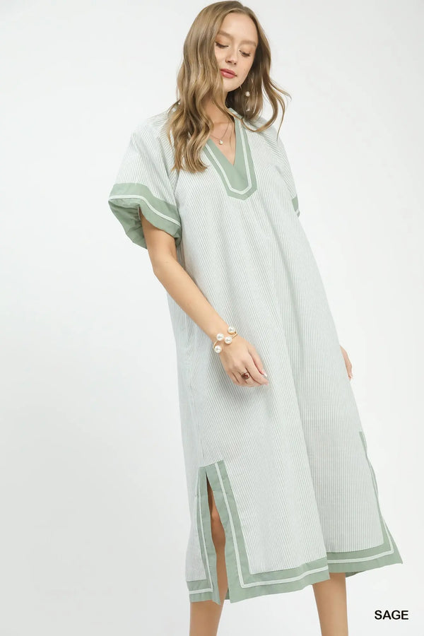 Sage Striped Mixed V-Neck Midi Dress