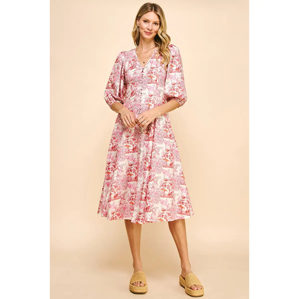 V-Neck Buttondown Midi Dress - Cream Pink