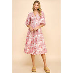 V-Neck Buttondown Midi Dress - Cream Pink