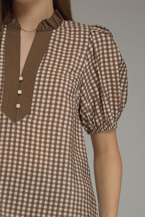 Brown Gingham Short Puff Sleeve Top w Contrast Inset Detail