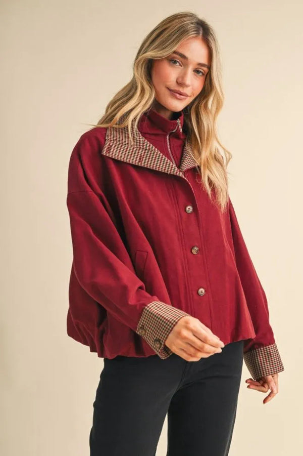 Rustic Red Bubble Hem Houndstooth Coat