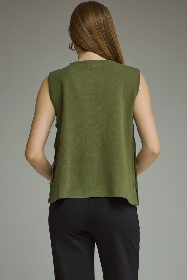 Olive Solid Sleeveless Knit Top Featuring Side Button Closure