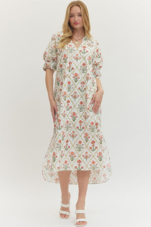 Salmon Floral Sleeve Midi Dress