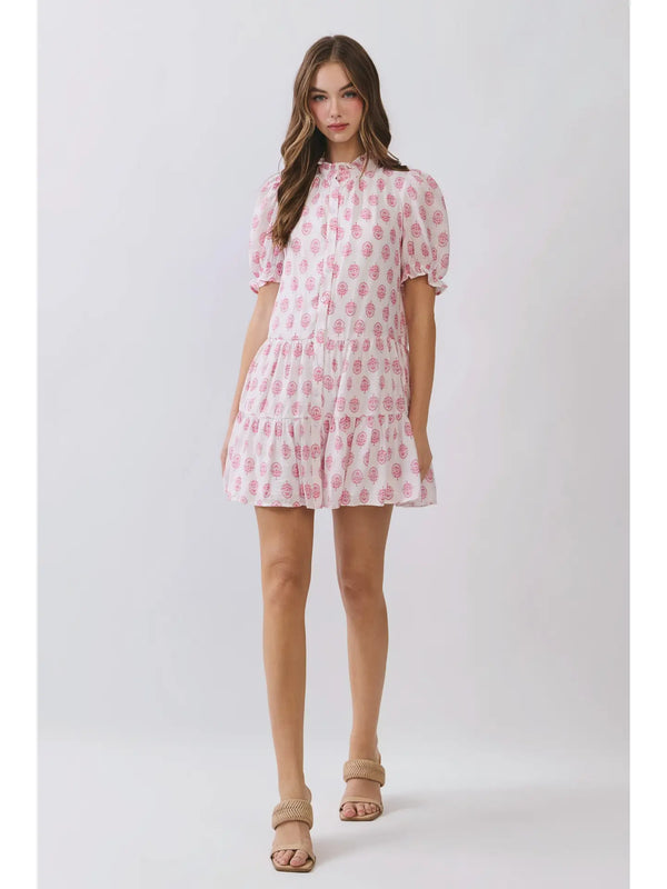 Floral Print Puff Sleeve Pink Tiered Mini Dress