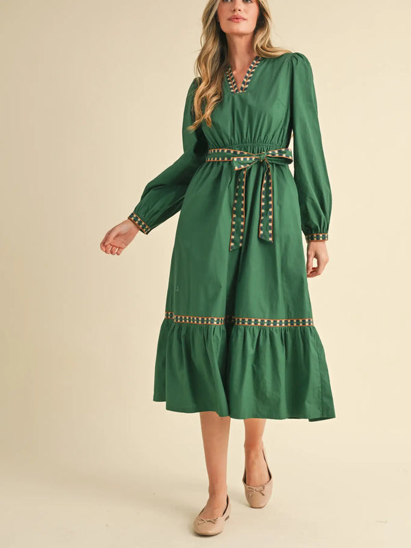 Hunter Green Embroidered Detail Midi Dress
