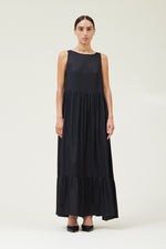 BLACK SATIN TIERED MAXI DRESS