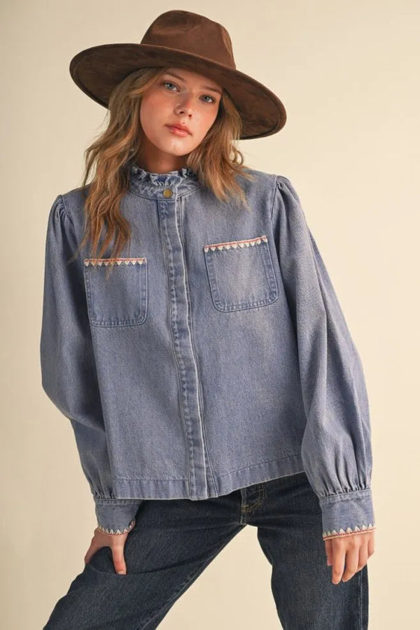 Denim Button Down Top w Ruffle Mock Neckline