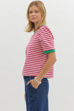 Pink Striped Top w/ Kelly Green Trim