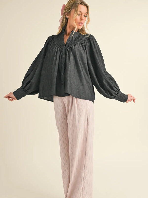 Black Button Down Batwing Sleeve Top