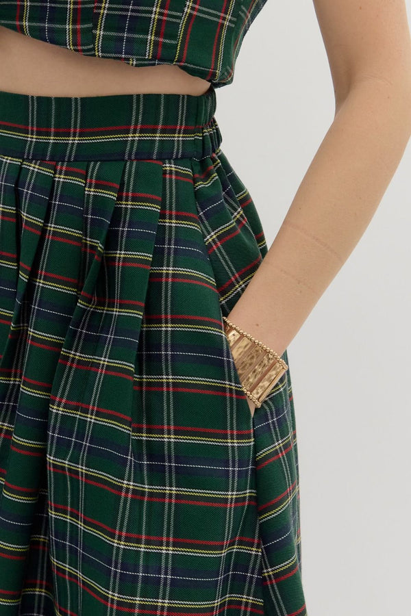 Green Plaid Pattern Pull-On Midi Skirt