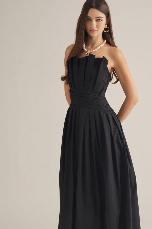 Solid Black Strapless Midi Dress featuring Pleated Bodice