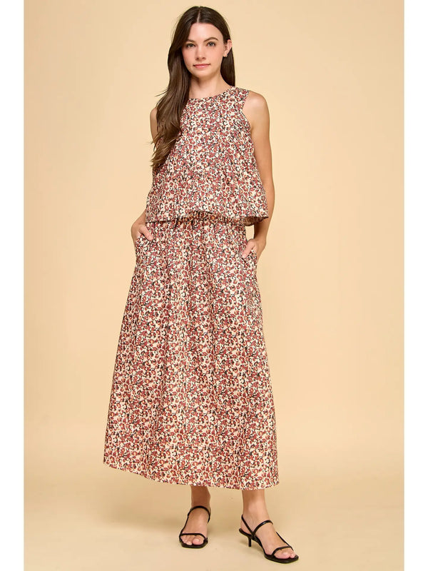 Floral Print Pleated Detail Flowy Design Top Burgundy